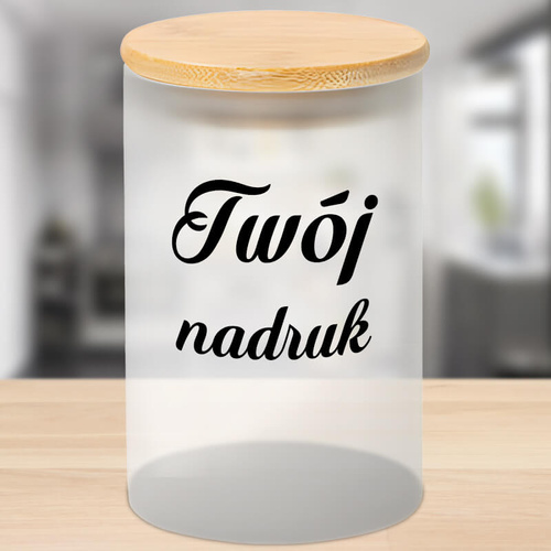 Pojemnik szklany 600 ml z drewnianą bambusową przykrywką z Twoim nadrukiem