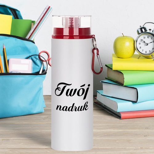 Biały bidon 850 ml z Twoim nadrukiem czerwony karabińczyk