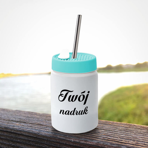 Kubek ze słomką 480 ml z Twoim nadrukiem - zielona silikonowa pokrywka 