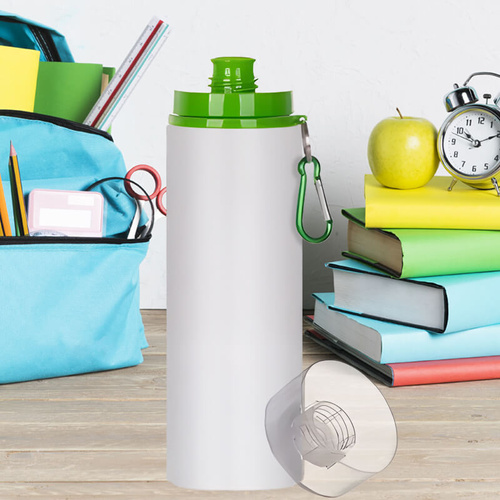 Biały bidon 850 ml z Twoim nadrukiem zielony karabińczyk