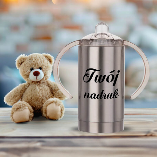 Srebrny kubek niekapek dla dzieci z dowolnym nadrukiem