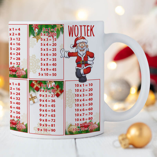 Świąteczny kubek z tabliczką mnożenia i imieniem dziecka