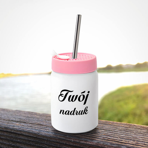 Kubek ze słomką 480 ml z Twoim nadrukiem - różowa silikonowa pokrywka