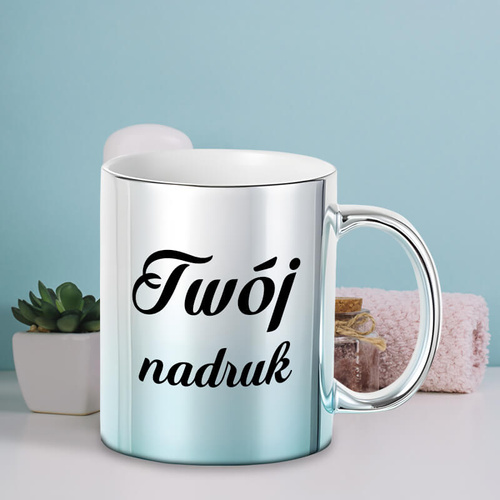 Kubek platerowany z Twoim nadrukiem - srebrno-błękitny gradient