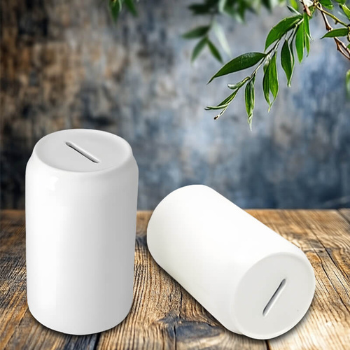 Biała ceramiczna skarbonka w kształcie puszki - z Twoim nadrukiem