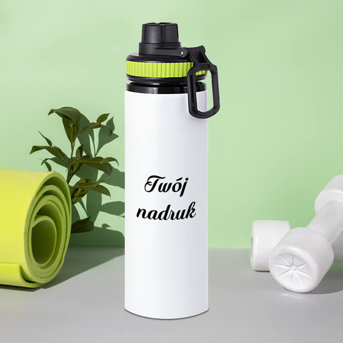 Biały bidon 850 ml - z rączką i zamykanym ustnikiem - z Twoim nadrukiem - zielona opaska