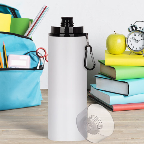 Biały bidon 850 ml z Twoim nadrukiem czarny karabińczyk