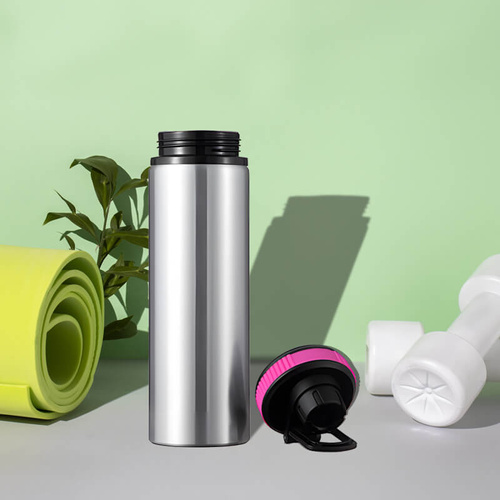 Srebrny bidon 850 ml - z rączką i zamykanym ustnikiem - z Twoim nadrukiem - różowa opaska