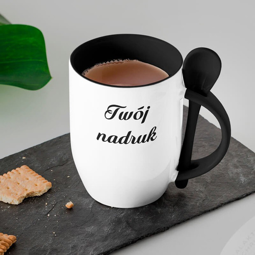 Kubek z łyżeczką z Twoim nadrukiem - czarne wnętrze, uszko i łyżeczka