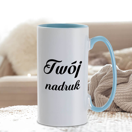Biały kubek jasnoniebieskie ucho i wnętrze 380 ml z Twoim nadrukiem