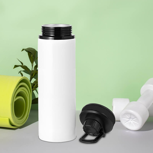 Biały bidon 850 ml - z rączką i zamykanym ustnikiem - z Twoim nadrukiem - czarna opaska