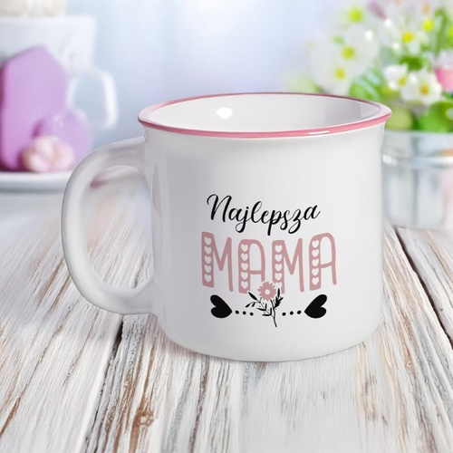 Kubek ceramiczny z różowym rantem - Najlepsza Mama - z imieniem