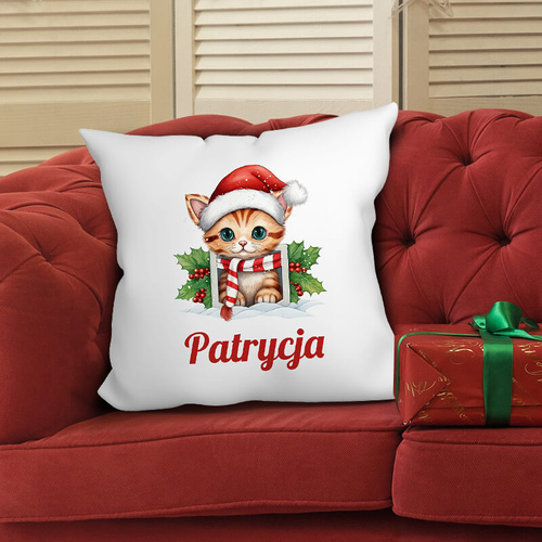 Świąteczna poduszka z imieniem - Kotek w czapce Mikołaja, z mikrofibry