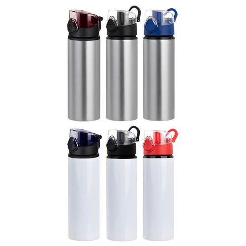 Srebrny sportowy bidon 750 ml z Twoim nadrukiem czarna nakrętka
