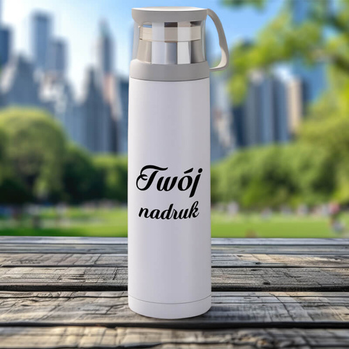 Biały metalowy termos z kubeczkiem w nakrętce 500 ml z Twoim nadrukiem
