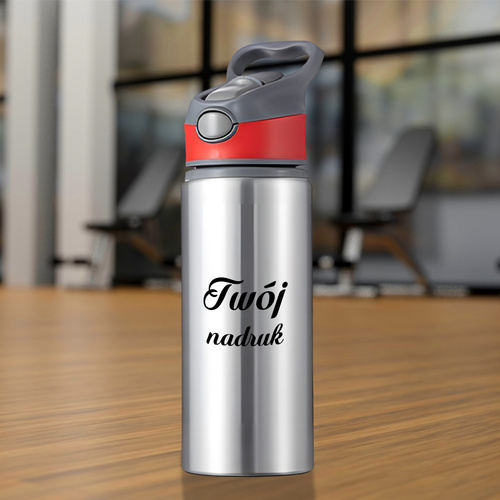 Srebrny bidon 650 ml z Twoim nadrukiem czerwona wstawka