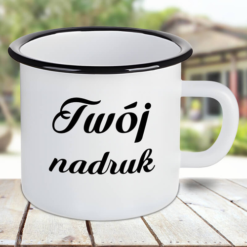 Duży, biały metalowy z czarnym rantem kubek emaliowany 500 ml  z Twoim nadrukiem
