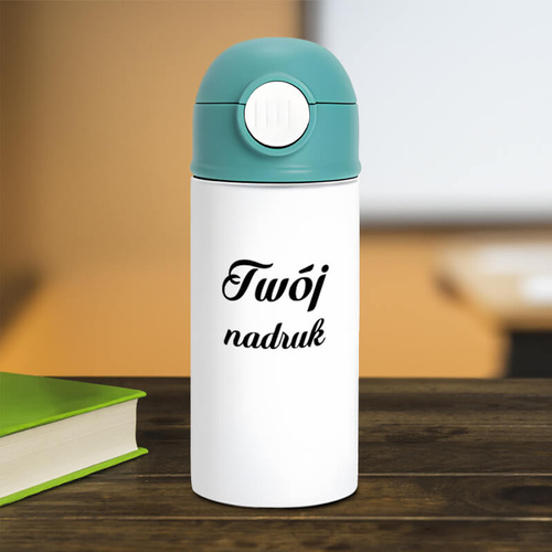 Bidon - butelka 360 ml dla dzieci z dowolnym nadrukiem - biała z zieloną zakrętką