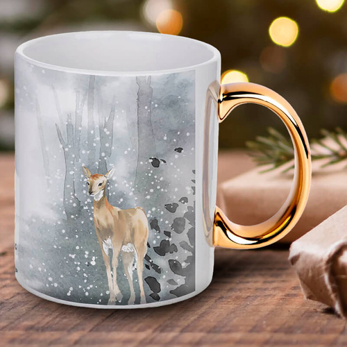 Świąteczny kubek z nadrukiem - Jelenie, złote ucho