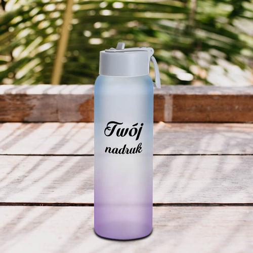 Szklana butelka szroniona z plastikowym uchwytem z Twoim nadrukiem - Fioletowo - niebieska