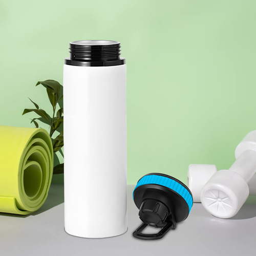 Biały bidon 850 ml - z rączką i zamykanym ustnikiem - z Twoim nadrukiem - niebieska opaska