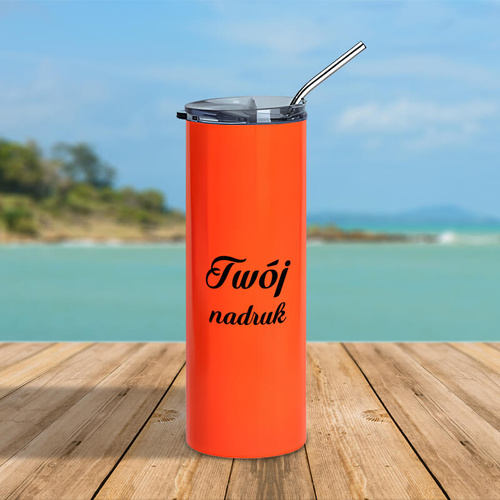 Kubek ze słomką 600 ml podwójne ścianki neonowy pomarańczowy - z Twoim nadrukiem