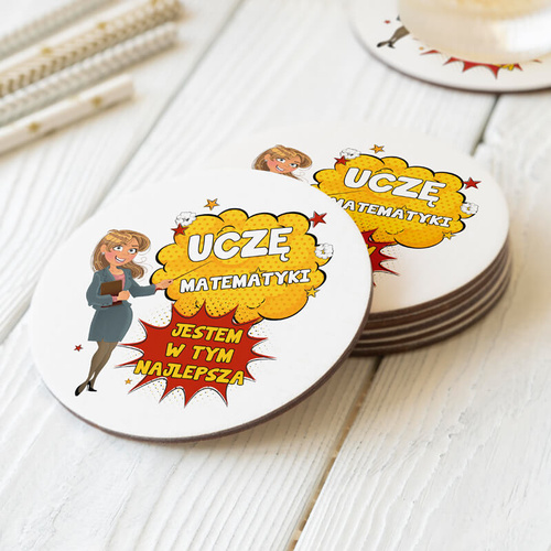 Okrągła tekturowo-korkowa podkładka pod kubek dla nauczycielki dowolnego przedmiotu