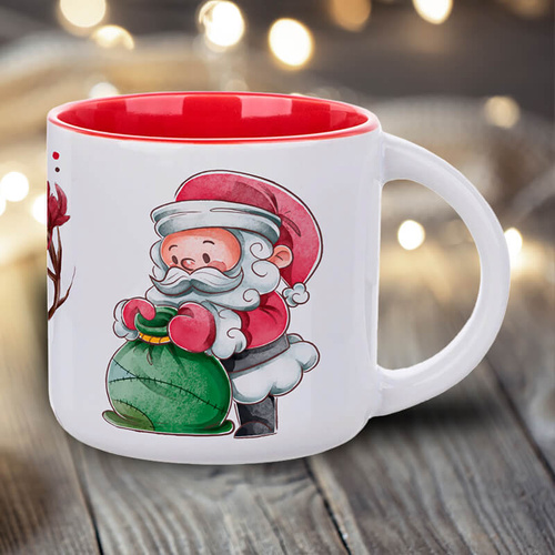 Świąteczny kubek z czerwonym wnętrzem - Mikołaj z workiem z prezentami