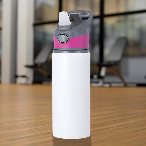Biały bidon 650 ml z Twoim nadrukiem różowa wstawka
