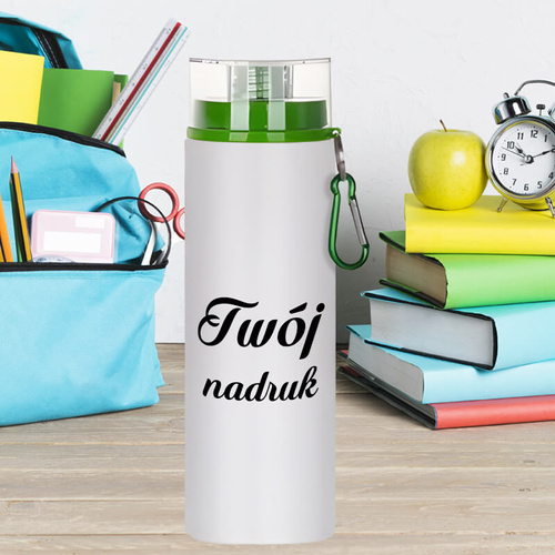 Biały bidon 850 ml z Twoim nadrukiem zielony karabińczyk