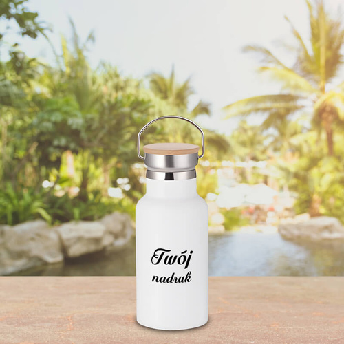 Biały metalowy termos z  rączką 350 ml z Twoim nadrukiem