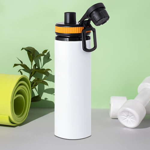 Biały bidon 850 ml - z rączką i zamykanym ustnikiem - z Twoim nadrukiem - żółta opaska