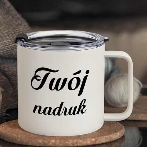 Biały metalowy kubek termiczny 420 ml z Twoim nadrukiem