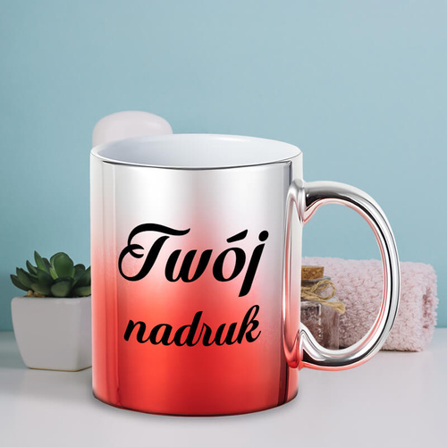 Kubek platerowany z Twoim nadrukiem - srebrno-czerwony gradient