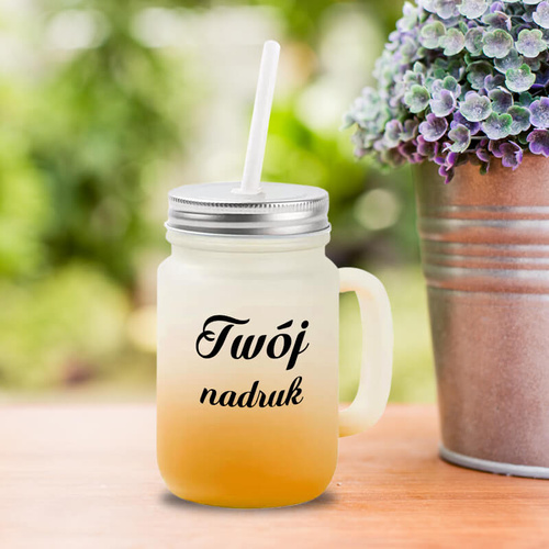 Kubek Mason Jar z uszkiem z mrożonego szkła z pomarańczowym dnem z Twoim nadrukiem