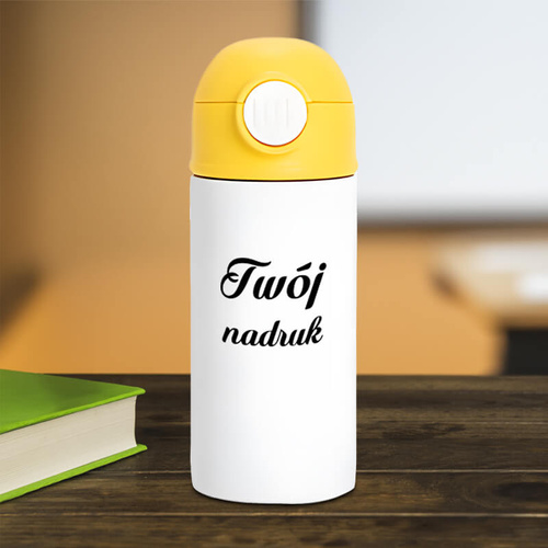 Bidon - butelka 360 ml dla dzieci z dowolnym nadrukiem - biała z żółtą zakrętką