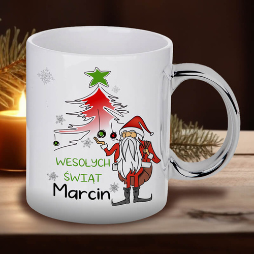 Kubek świąteczny z imieniem - Wesołych Świąt Mikołaj, ze srebrnym uszkiem