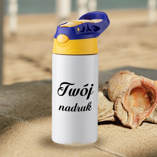 Dziecięcy bidon z silikonowym ustnikiem z Twoim nadrukiem - biały z żółto-niebieską zakrętką