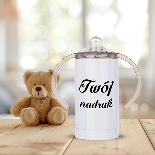 Biały kubek niekapek dla dzieci z dowolnym nadrukiem