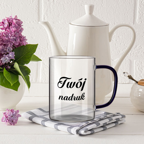 Kubek szklany 450 ml granatowe uszko z Twoim nadrukiem