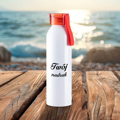 Biały bidon 650 ml z Twoim nadrukiem z czerwoną nakrętką