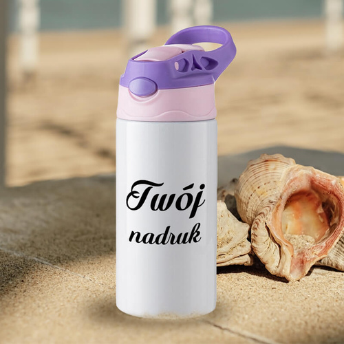 Dziecięcy bidon z silikonowym ustnikiem z Twoim nadrukiem - biały z różowo-fioletową zakrętką