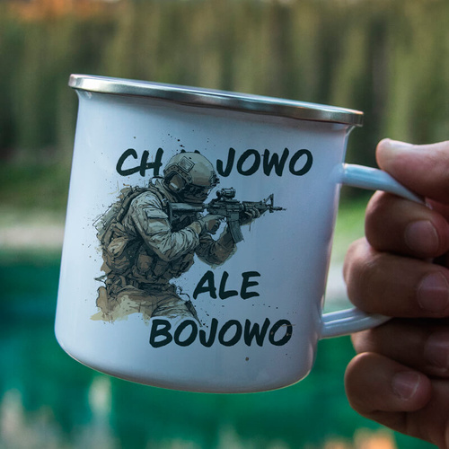 Metalowy kubek emaliowany z nadrukiem - Chu⭐owo, ale bojowo