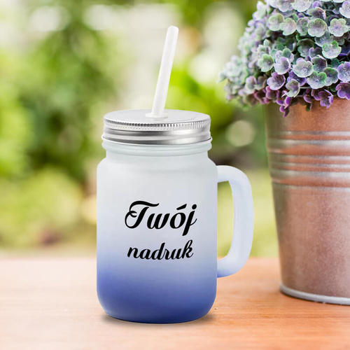Kubek Mason Jar z uszkiem z mrożonego szkła z granatowym dnem z Twoim nadrukiem