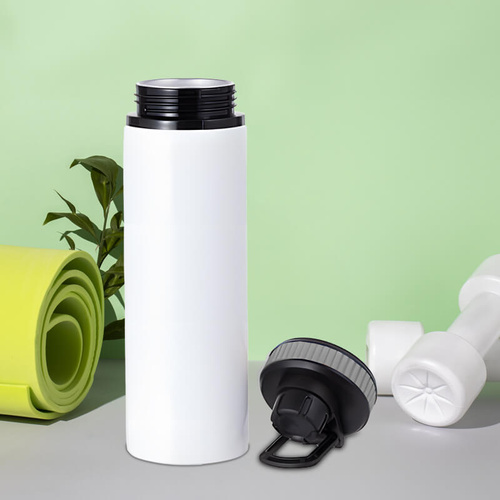 Biały bidon 850 ml - z rączką i zamykanym ustnikiem - z Twoim nadrukiem - szara opaska