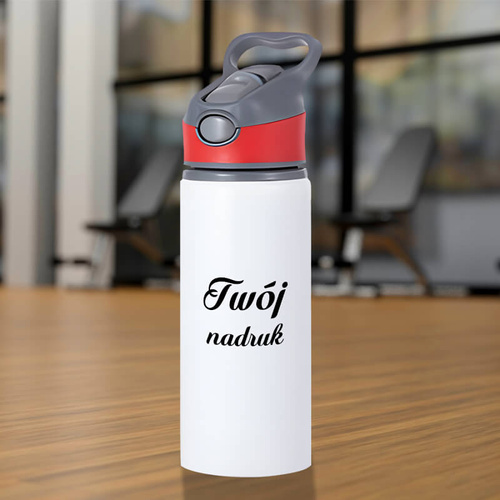 Biały bidon 650 ml z Twoim nadrukiem czerwona wstawka