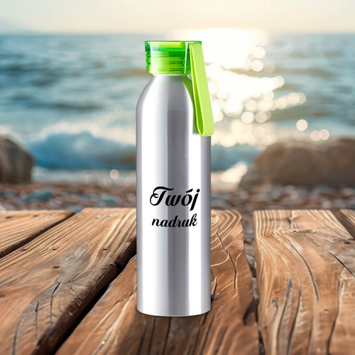 Srebrny bidon 650 ml z Twoim nadrukiem z jasnozieloną zakrętką