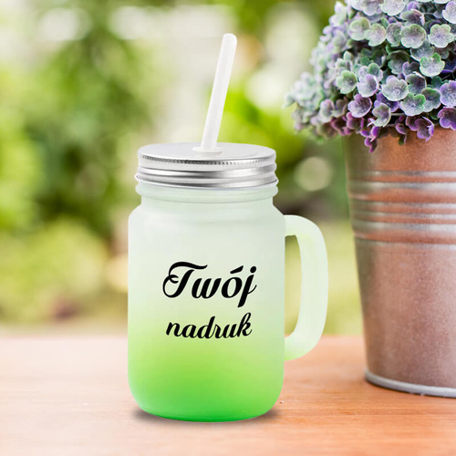 Kubek Mason Jar z uszkiem z mrożonego szkła z zielonym dnem z Twoim nadrukiem