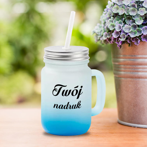 Kubek Mason Jar z uszkiem z mrożonego szkła z błękitnym dnem z Twoim nadrukiem