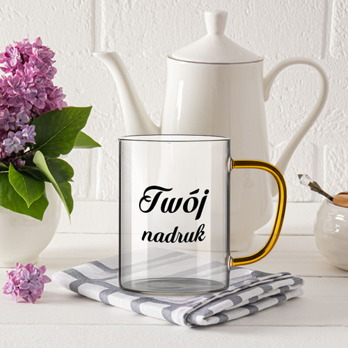 Kubek szklany 450 ml żółte uszko z Twoim nadrukiem